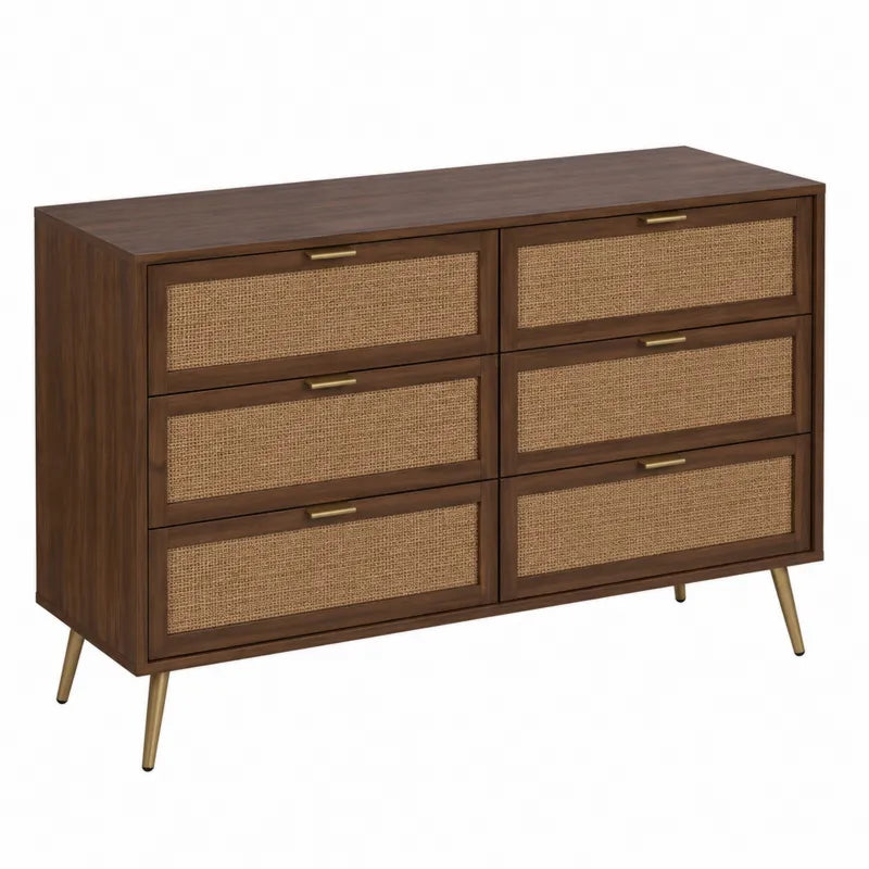 Komoda drewniana z rattanowymi frontami, 6 szuflad, brązowa