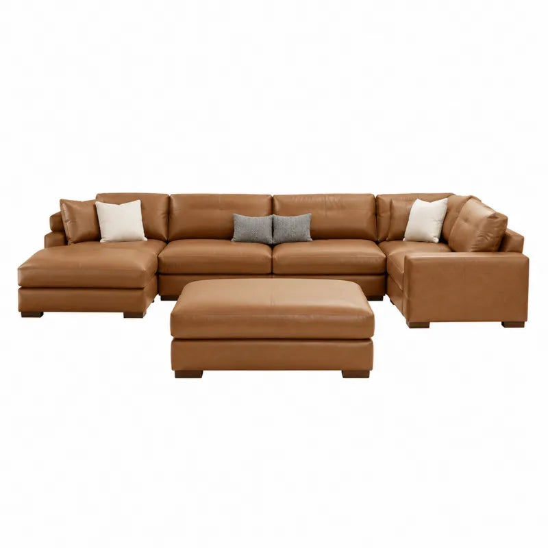 Skórzana sofa narożna brązowa z pufą i poduszkami