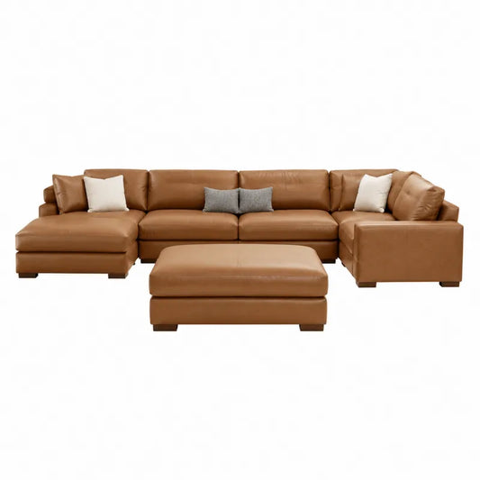 Skórzana sofa narożna brązowa z pufą i poduszkami