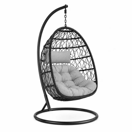 Fotel wiszący z poduszką, stal, rattan syntetyczny, czarny/szary