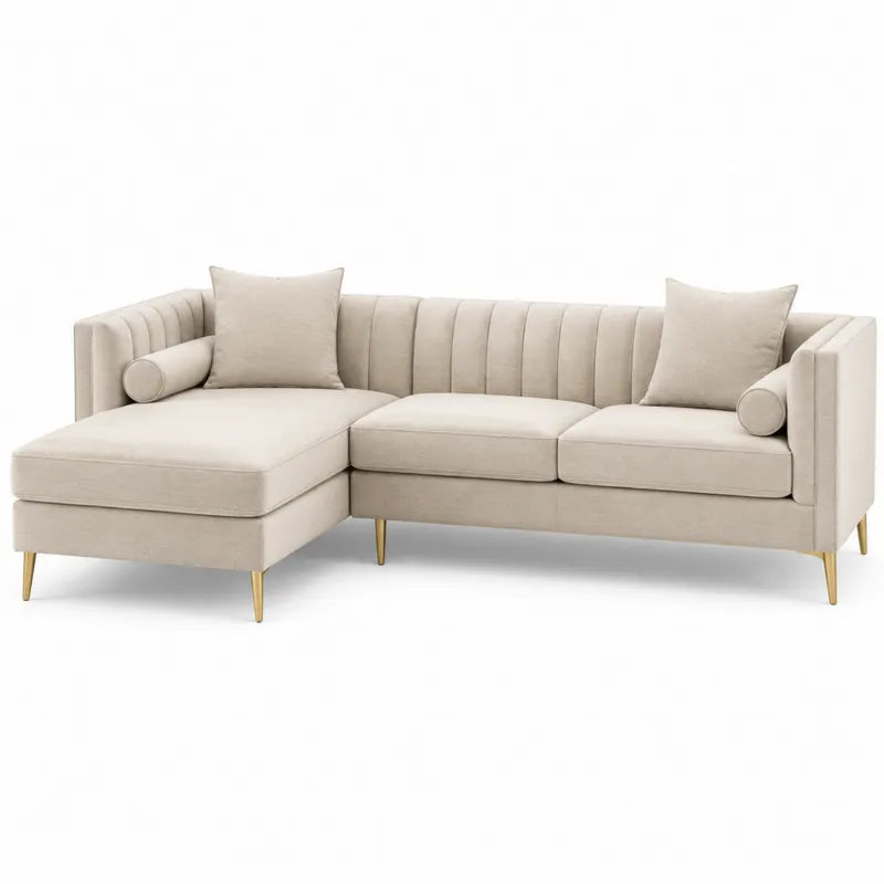Narożna sofa modułowa z aksamitu w kolorze beżowym z poduszkami