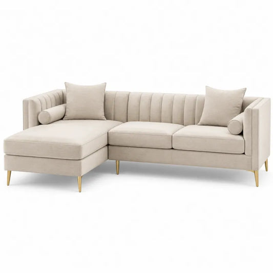Narożna sofa modułowa z aksamitu w kolorze beżowym z poduszkami